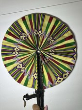 African Handmade Foldable Leather and Fabric Fan Multicolor Pattern