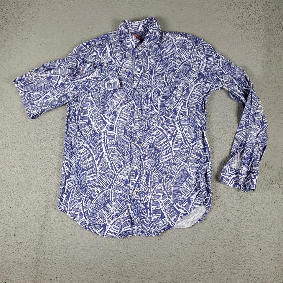 J. McLaughlin Shirt Mens Medium Blue White Linen Casual Button Up Long Sleeve - Image 2 of 4