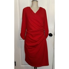 NEW Tahari ASL Dress Ruby Red Gold Button Size 8 V Neck Solid Midi 3/4 Sleeve
