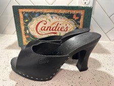 Vintage 1980's Candies Original Sandals High Heels Slides Black Leather 6 / 37