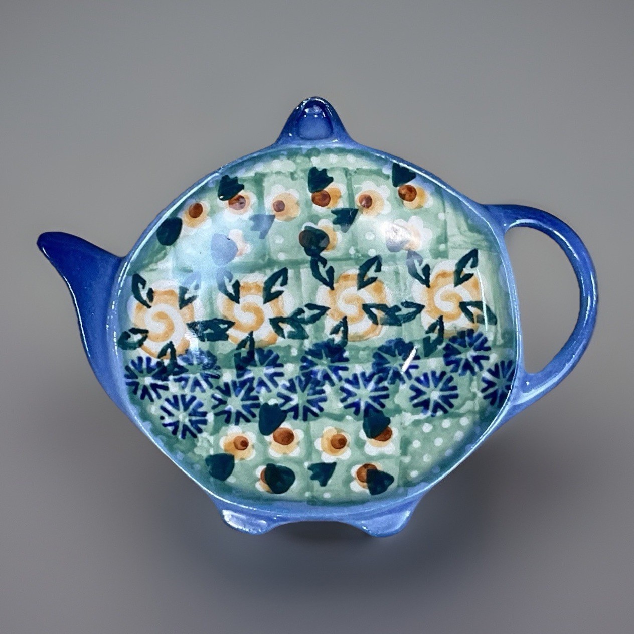 Signed Polish Pottery Unikat Blue Floral Teapot Shaped Tea Bag Rest/Holder #608