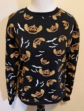 Disney Women  s Black Pumpkin Bat Stitch Halloween Pullover Cotton Sweatshirt XS