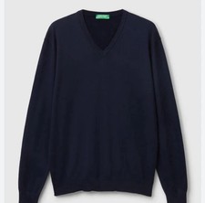 Vtg United Colors Of Benetton Navy Blue V-Neck Wool Sweater Sz Small