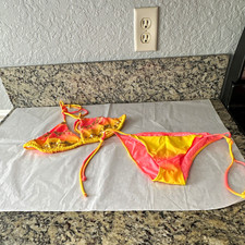 Victoria's Secret 2pc Triangle Halter Bikini Pink/Yellow Sequin Ruffle S B