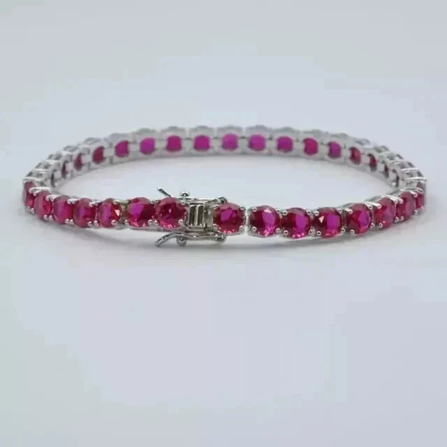 3mm 8Ct Round Lab-Created Ruby Women Tennis Bracelet 14k White Gold Plated 7" - Image 2 of 4
