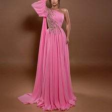 Prom Dress One Shoulder Long Sleeve Sequin Pleat Chiffon A Line Floor Length