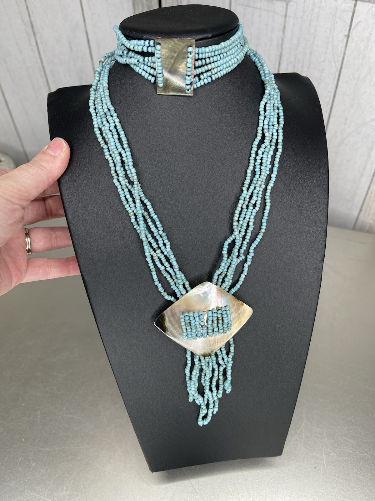 Multi-Strand Seed Bead Necklace Shell Pendant & M… - image 1