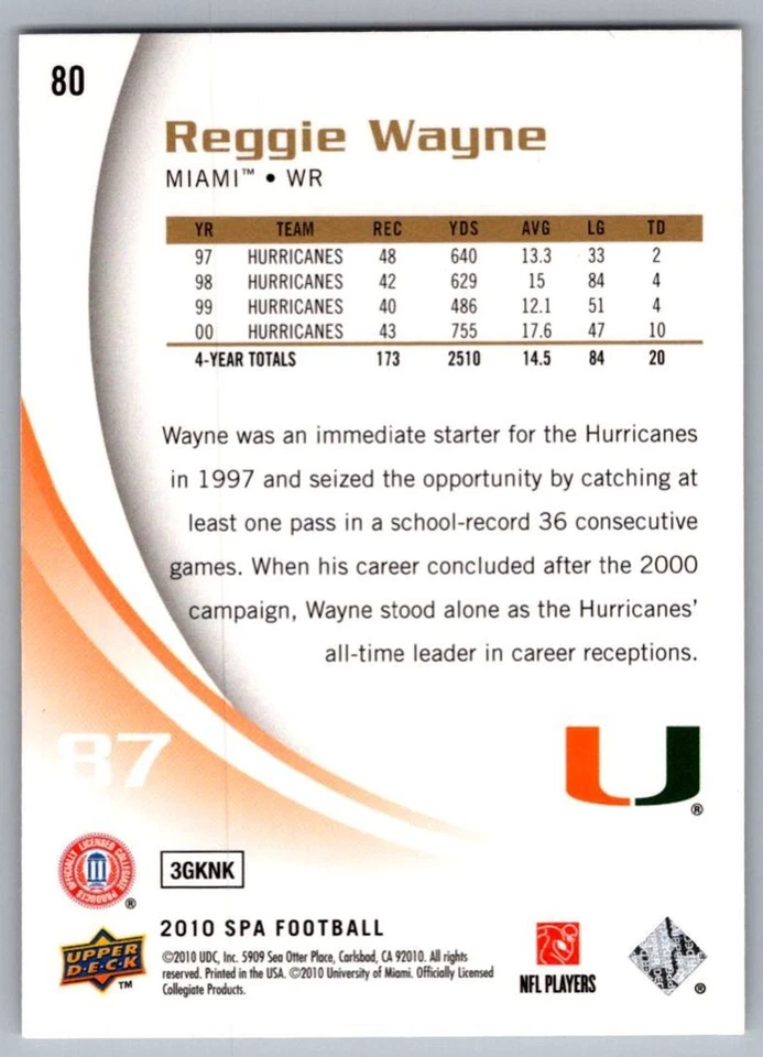 2010 SP Authentic Reggie Wayne Miami Hurricanes #80 - Image 2 of 2