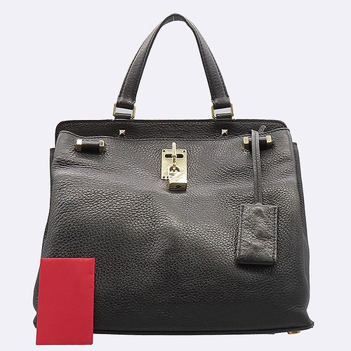 VALENTINO PW0B0A54 Black Leather Joylock Gold-Tone Detail Medium Tote Bag +