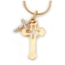Ciondolo doppia croce cristallo tono oro con catenina tipo serpente - 44 cm L/ 5 cm Ext