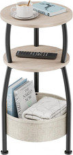 Round Side Table, 3 Tier Bedside Table, Small End Table with Fabric Basket, Coff