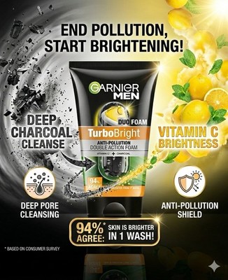 Garnier Men Turbo Bright Anti-Pollution Face Wash Vitamin C + Charcoal 150g
