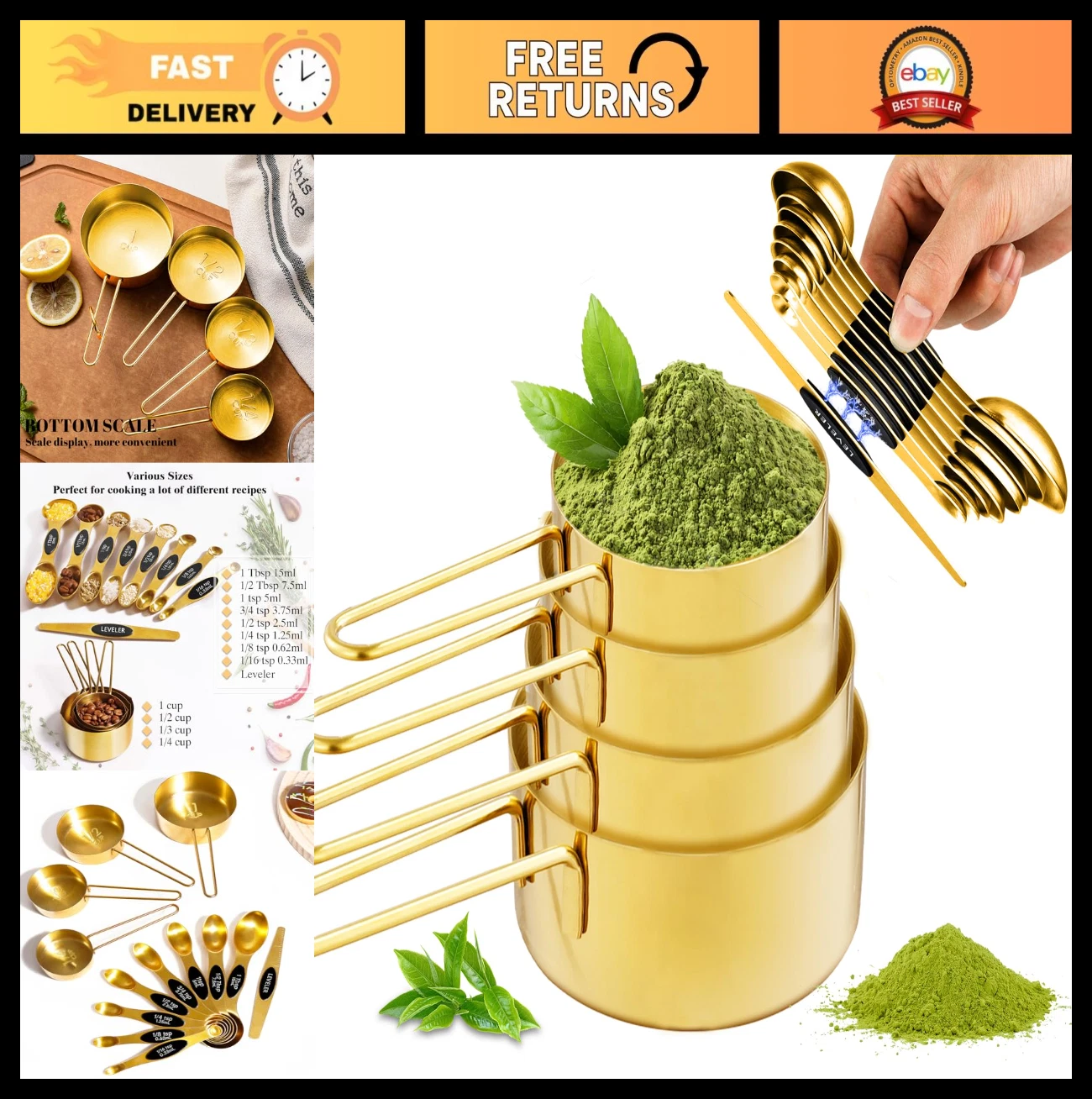 13pcs Gold Stainless Steel Measuring Cups & Spoons Set, Magnetic Spoons, Leveler