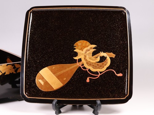 Japanese Lacquer Sweets Box 10inch Gold Pavilion Landscape&Instruments Meiji Era - Picture 12 of 24
