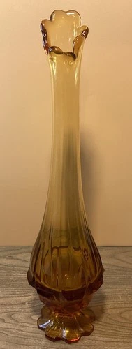 Vintage MCM Fenton Valencia Amber Honey Yellow Swung Vase 13.25”Tall