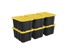 Sterilite 27 Gallon Storage Bin with Lid, Black/Yellow, 6 Pack