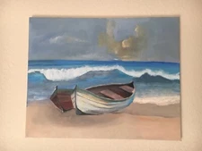 Boats On The Beach. New Hand Made Painting With Oil/acrylic Paint 20/16 Inches