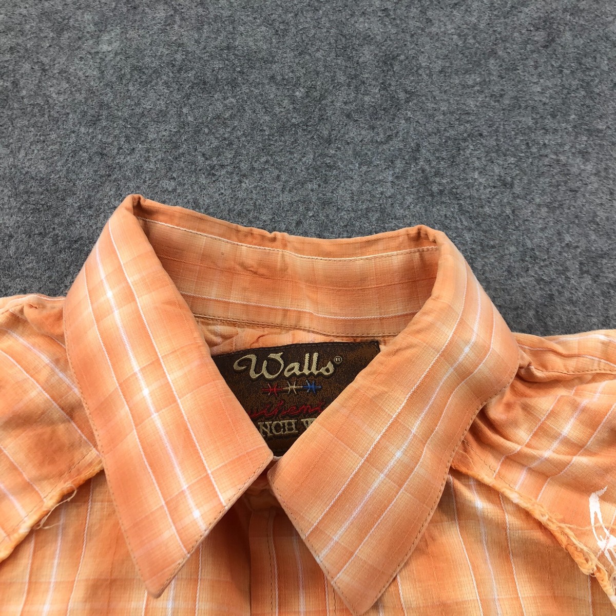 MOL　wrap collar checkshirt Walls Shirt Mens Large Orange Check Ranch Wear Western Pearl