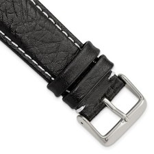 22mm 6.75" Short Black Leather White Stitch Silver-tone Buckle Watch Band