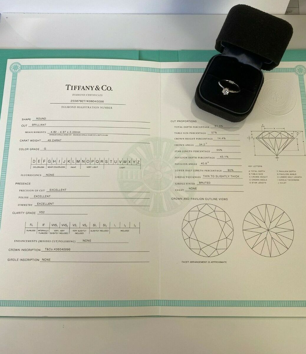 Authentic Tiffany & Co. Solitair Engagement Ring 0.45 carat G VS2 Diamond  Size 5