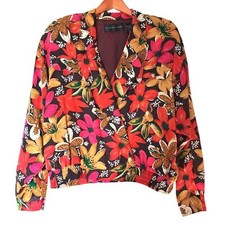 Vintage August Silk Size L Large Fall Flower Colors Floral Light Jacket Blazer