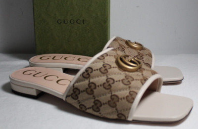 NWB Gucci GG Supreme Marmont Ebony Mystic White Flats Slides Sandals 41 619893