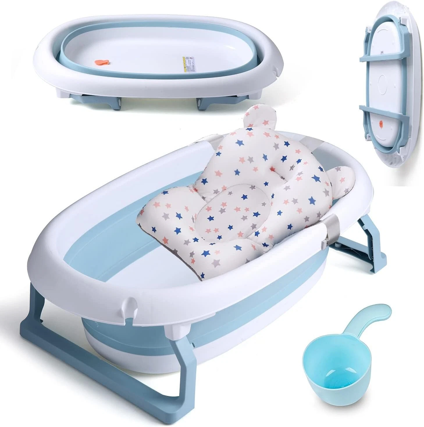 Large Foldable Baby Bathtub 55L-Baby Bath Tub & Cushion Pad/Non-Slip/BLUE