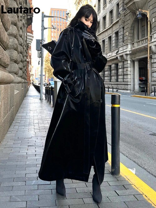 トレンチコート Convertible Crinkled Glossed-leather Trench Coat Long Oversized Cool Reflective Shiny Black Patent Leather