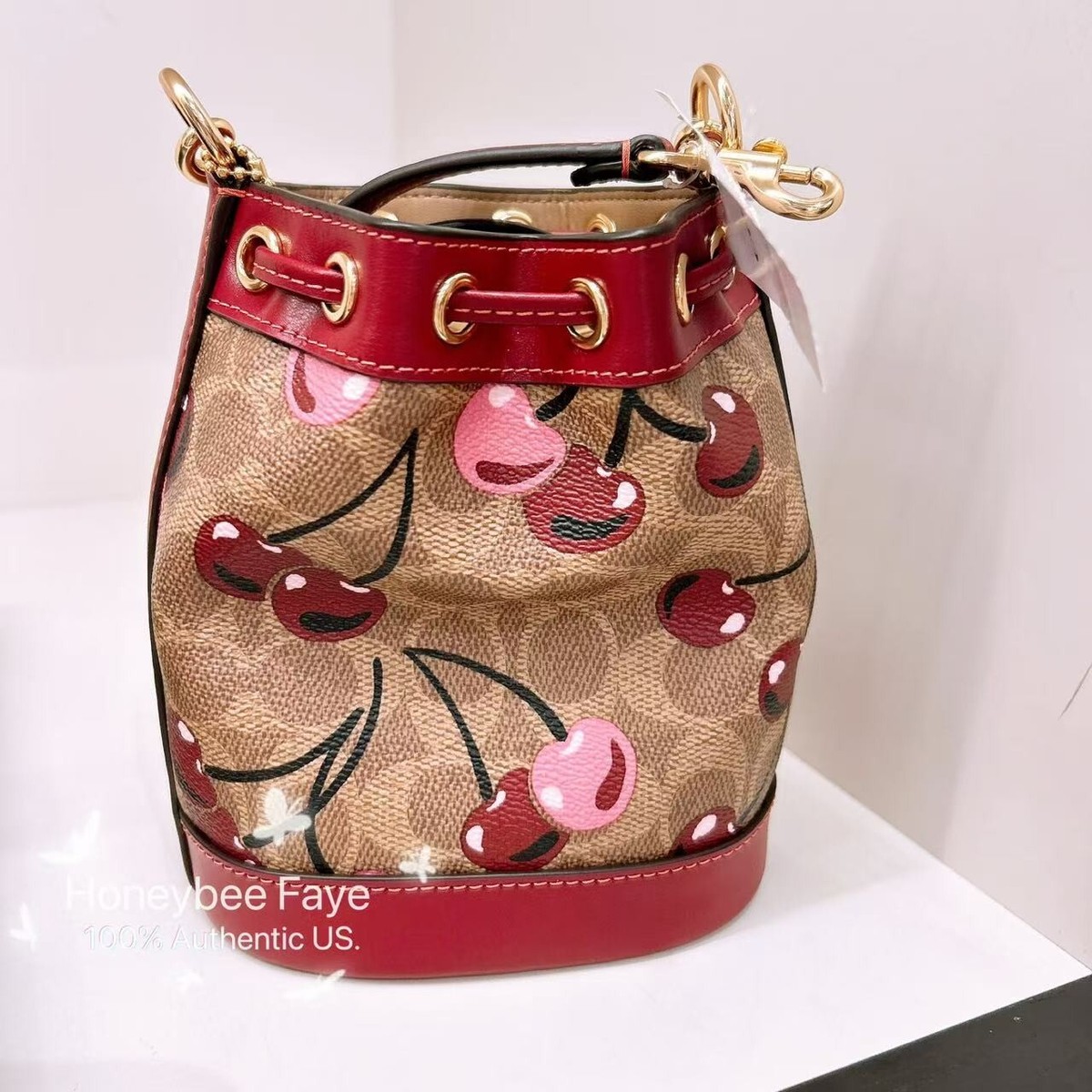 NWT Coach Mini Bucket Bag In Signature Canvas With Cherry