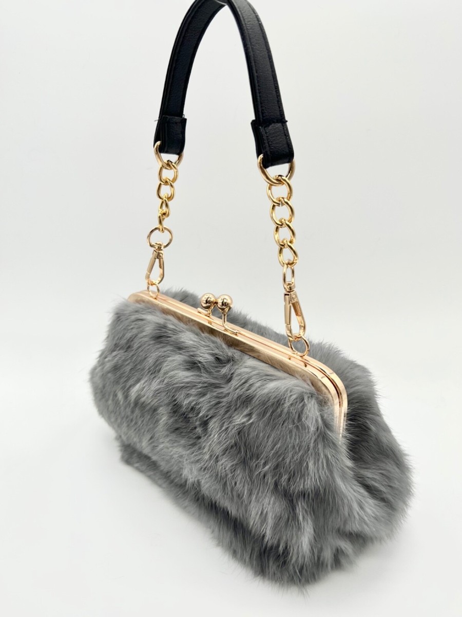 新品 OriginalBashfulLuxeBunnyCurly New 100% Handmade Rabbit Fur Top Handle Handbag Kiss Lock Novelty