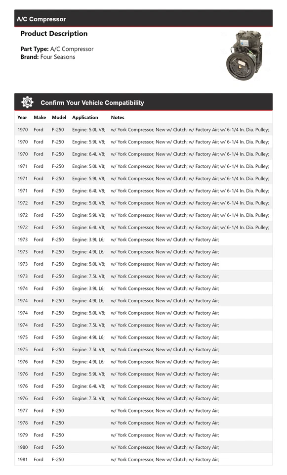 Компрессор кондиционера для 1970-1981 Ford F-250 4 сезона 1971 1972 1973 1974 1975 1976 - Изображение 2 из 4