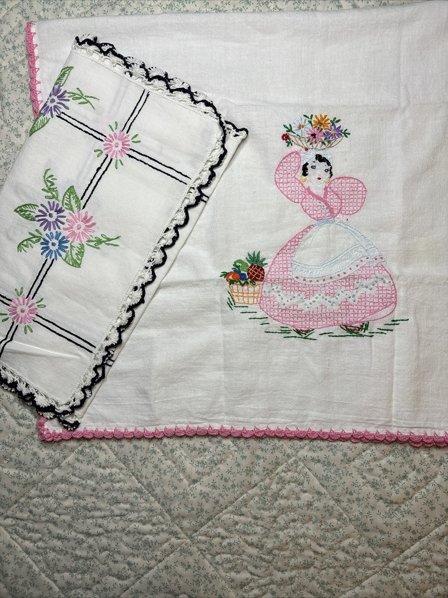 2 Vntg Embroidery Dresser Scarf Table Runner Girl Lady Pink Floral Cross  Stitch