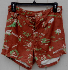 VINTAGE 1950'S MEN'S ALOHA ISLAND PRINT SWIM SHORTS SZ 28-29" W COTTON MADE USA