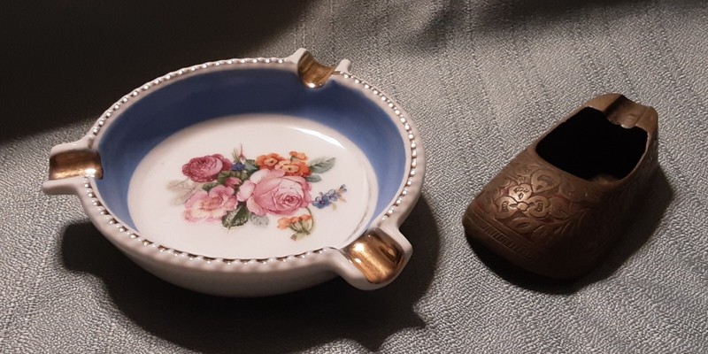 Pair of Vintage Ashtrays: Brass Slipper & German Round Porcelain