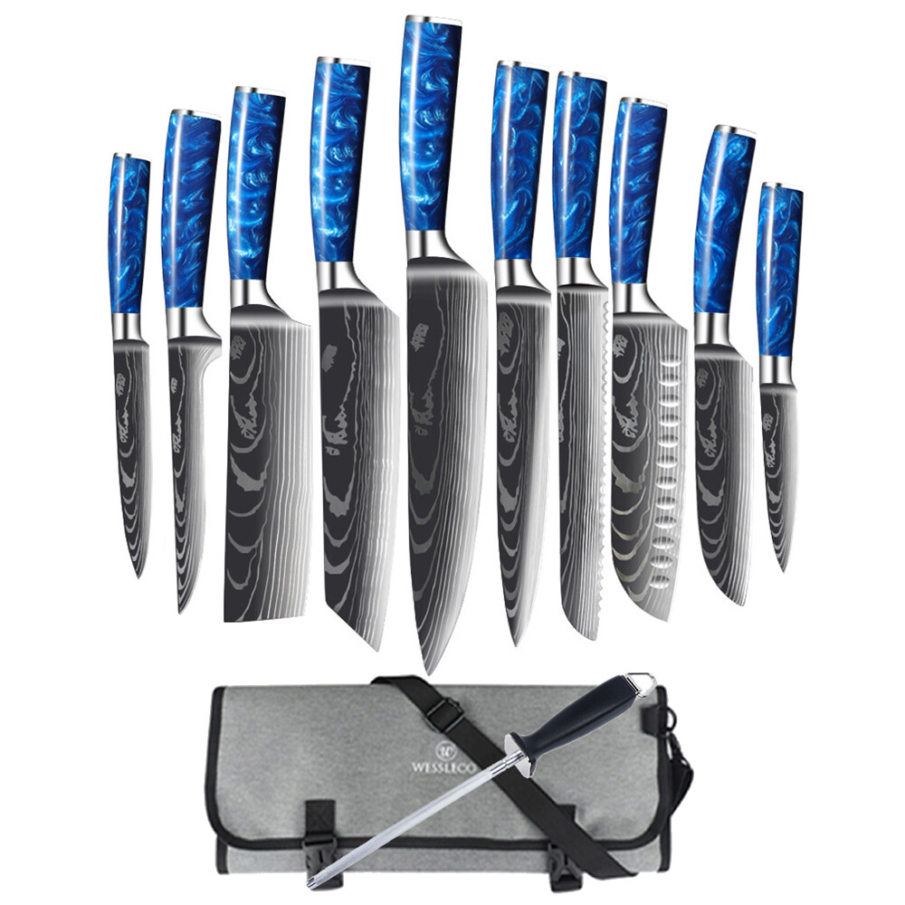 12PC Blue Kitchen Knife Set Japanese Damascus Pattern Chef Knife Block