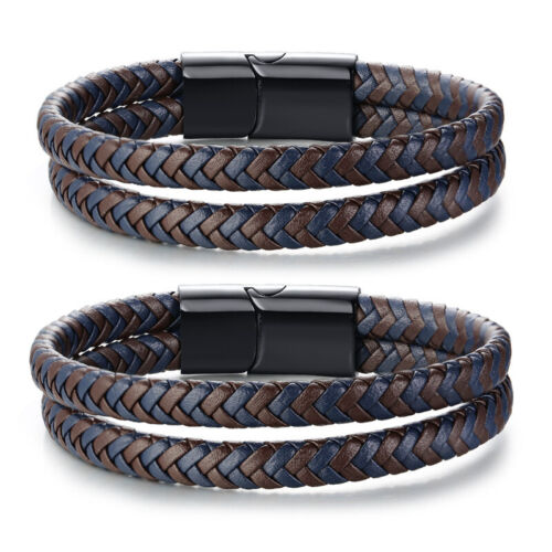 Men's Black Magnet Buckle Microfiber Leather Hand Woven Stainless Steel Bracelet - Picture 1 of 6