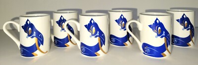 Set of 6 Midcentury Tekbir Fine Porcelain Blue Cat Demitasse Cups w/ Gold Trim