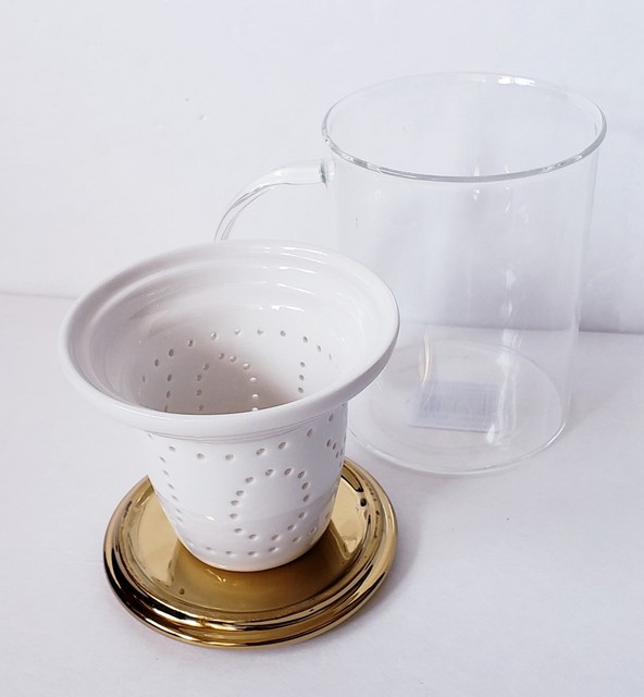 Teavana Ceramic Joy Infuser Glass Tea Mug With Gold Lid / Coaster eBay