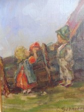 Bellissimo, Vecchio Dipinto Di 3 Bambini Al Cancello Firmato!