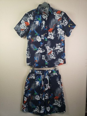 Mens Sz L Hawaiian 2 Piece Monkey Birds Floral Print Set Button Up Shirt Shorts