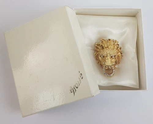 Vintage Dior Lion Head Door Knocker Brooch Rhinestone signed Grosse Germany 1969