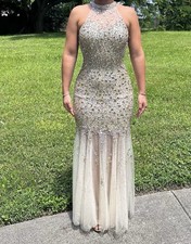 Sheer Champagne Gold Dress With Gemstones