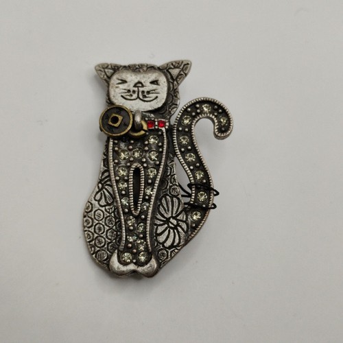 Vintage Chico Rhinestone Cat Brooch with Asian Coin Pendant