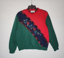 VTG Alfred Dunner Christmas Poinsetta Red Green Plaid Sweater Womens Medium