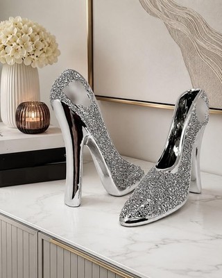 2er Set Silber Glitzer High Heel Schuh Ornament Kristalloptik Dekor 25 cm