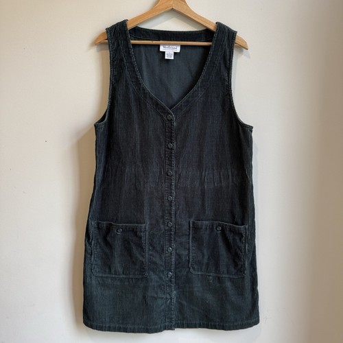 Vintage 100% Cotton Button Up Jumper Dress Dark Green with Pockets Large