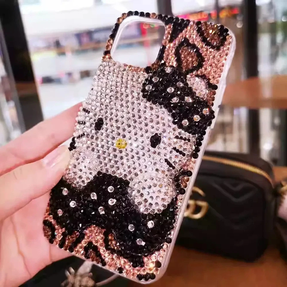 Linda funda de gato de dibujos animados con diamantes brillantes para iPhone 17 16 15 14 13 12 11 X Pro Max Foto 3 de 4