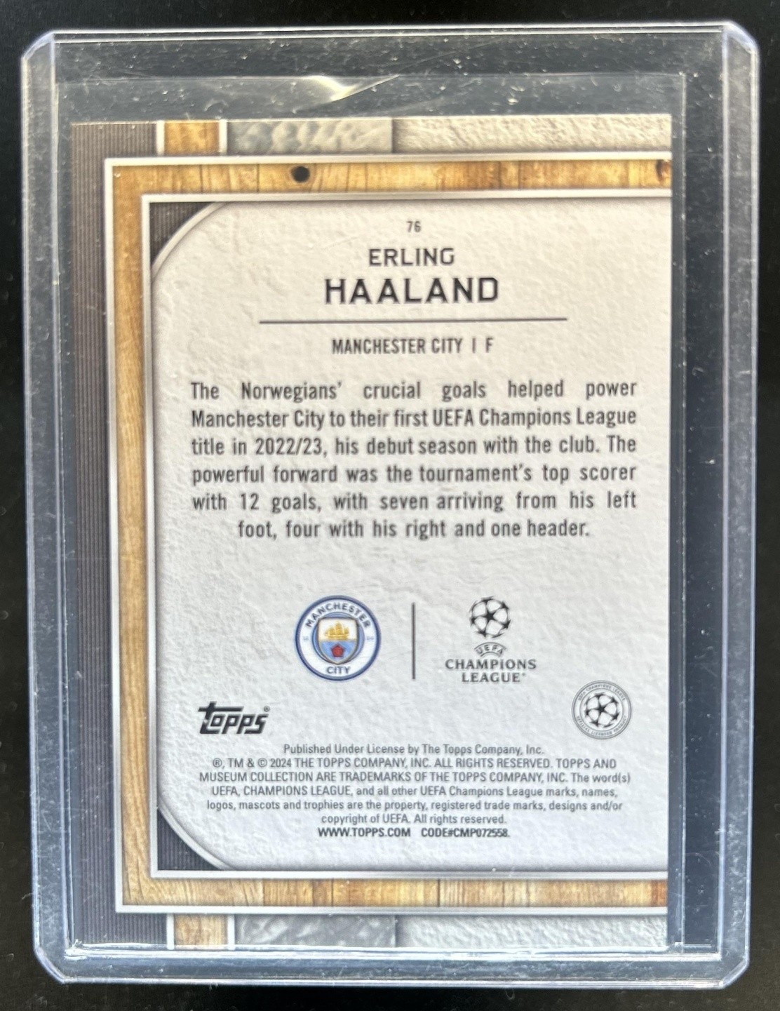 2023-24 Topps Museum Collection UEFA Erling Haaland Gold #/50 Man City view 2