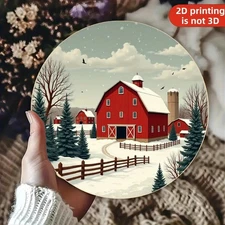 Winter Red Barn Metal Wall Decor Snow Landscape Farmhouse Round