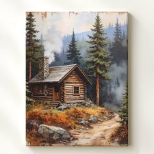 Rustic Log Cabin Canvastranquil Forest Scene With Evergreen Trees Wall Art